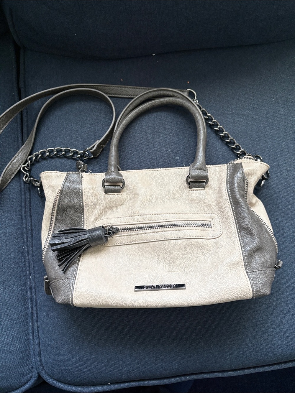 Steve Madden Two-Tone Cream and Gray Shoulder Satchel with Tassel